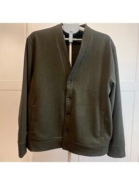 Express Mens Cardigan Sweater Large Olive Green Grandpa Core 5 Button